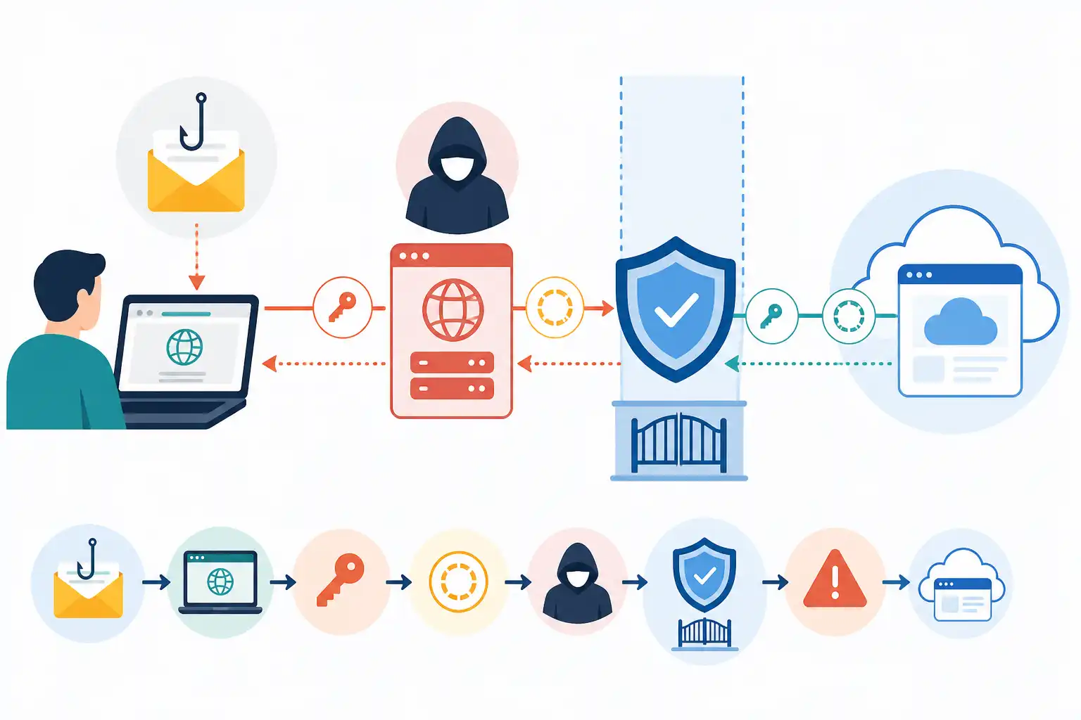 Infografik zu AiTM-Phishing in Microsoft 365 erkennen und verhindern: Sitzungscookies und Token-Diebstahl stoppen (KI-generiert)