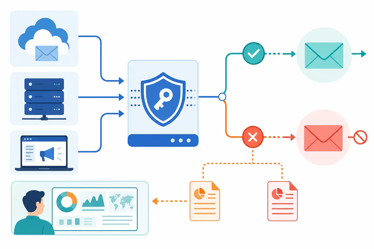 Infografik zu DMARC im Unternehmen einführen: SPF, DKIM und Domain-Spoofing-Schutz richtig umsetzen (KI-generiert)