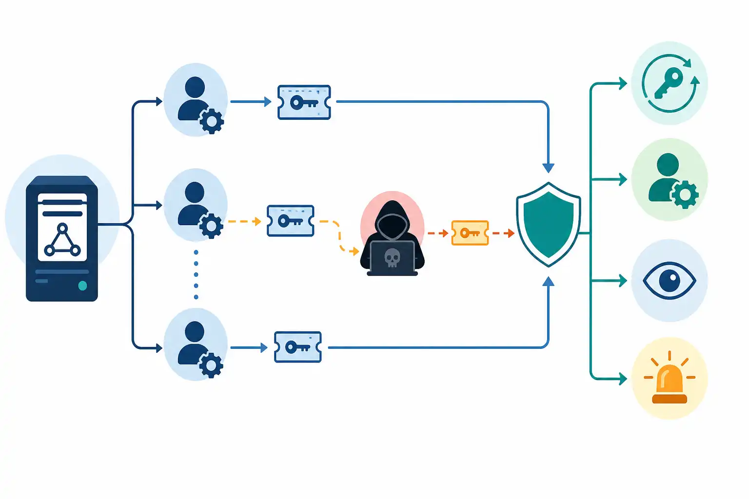 Infografik zu Kerberoasting erkennen und verhindern: Servicekonten in Active Directory absichern (KI-generiert)