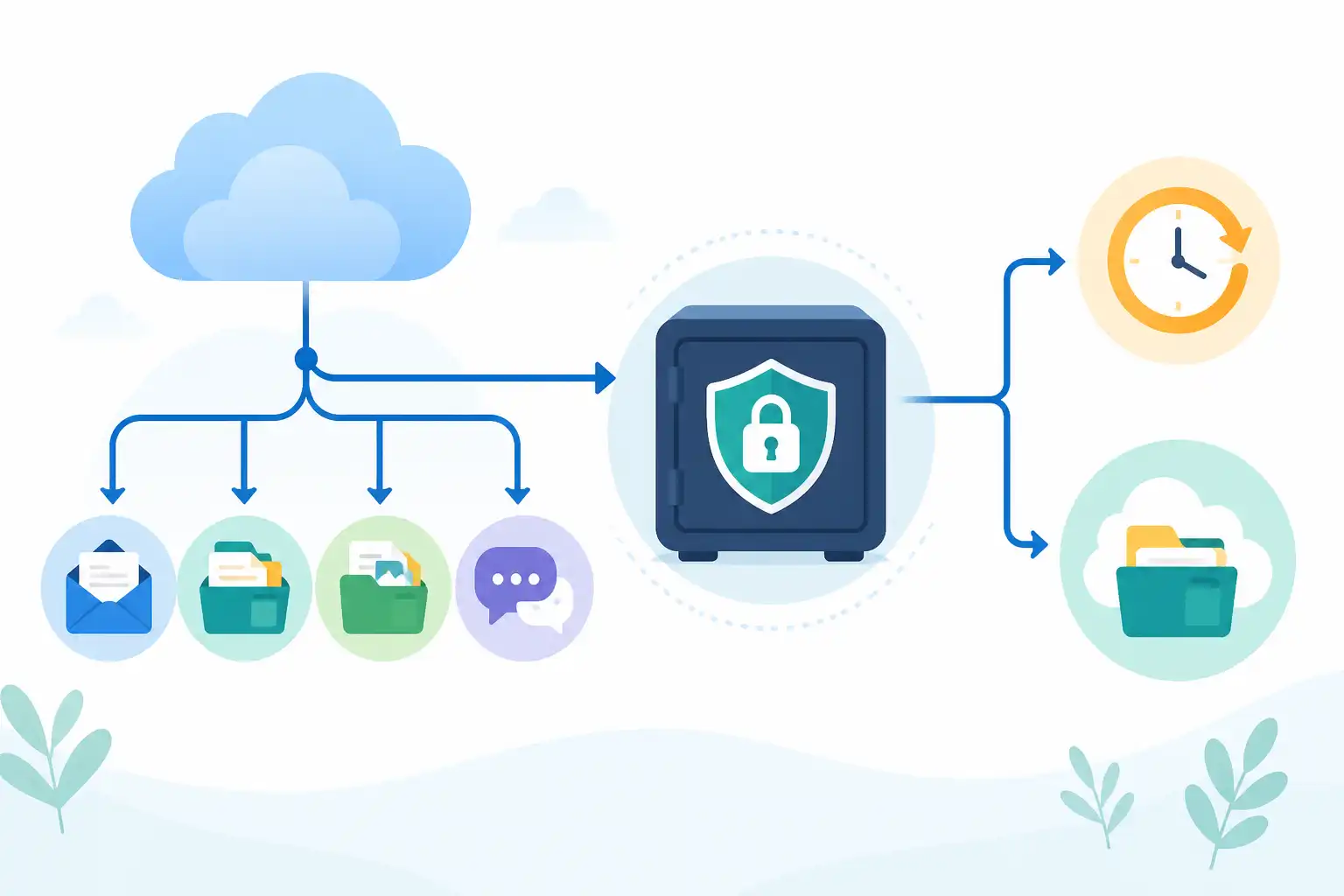 Infografik zu Microsoft-365-Backup einführen: Exchange, OneDrive, SharePoint und Teams zuverlässig sichern (KI-generiert)