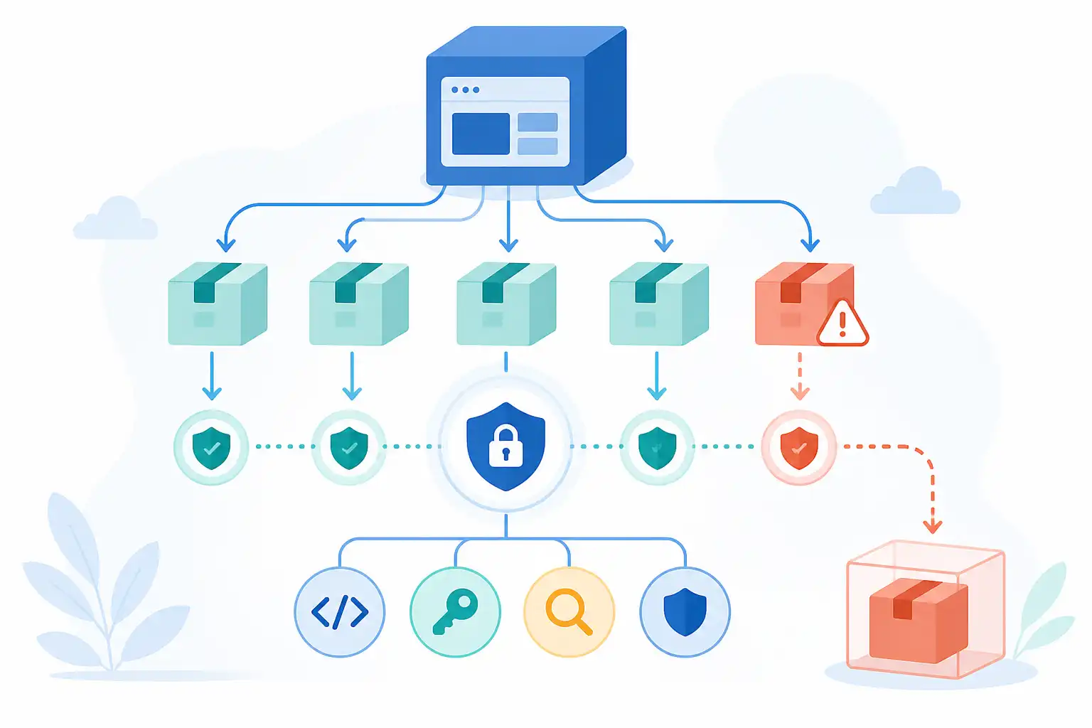 Infografik zu npm-Pakete gegen Supply-Chain-Angriffe absichern: Typosquatting, gestohlene Tokens und kompromittierte Abhängigkeiten erkennen (KI-generiert)